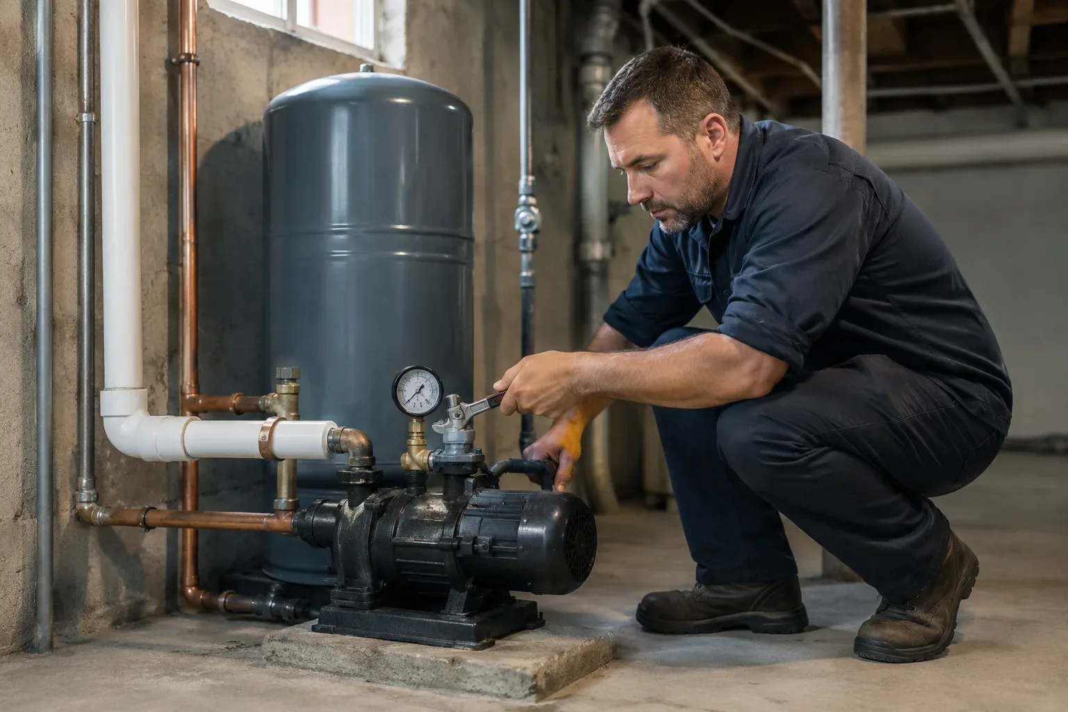 Plumber servicing a residential well pump system in Brockville