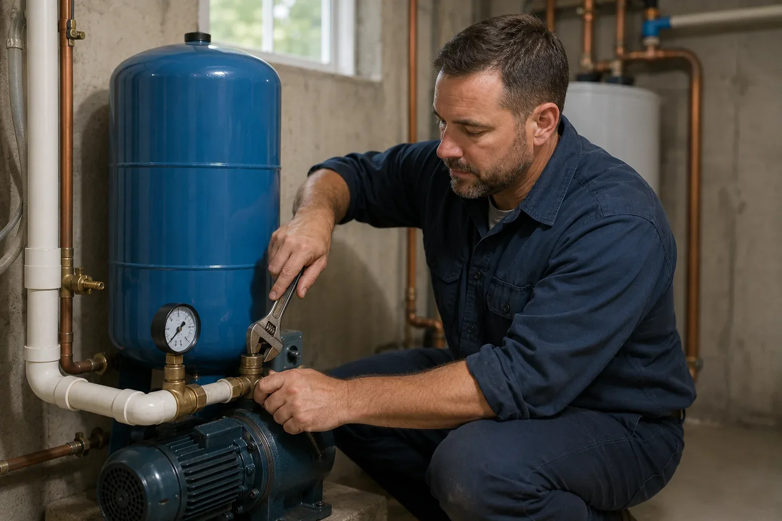 Licensed plumber servicing a residential well pump in Brockville